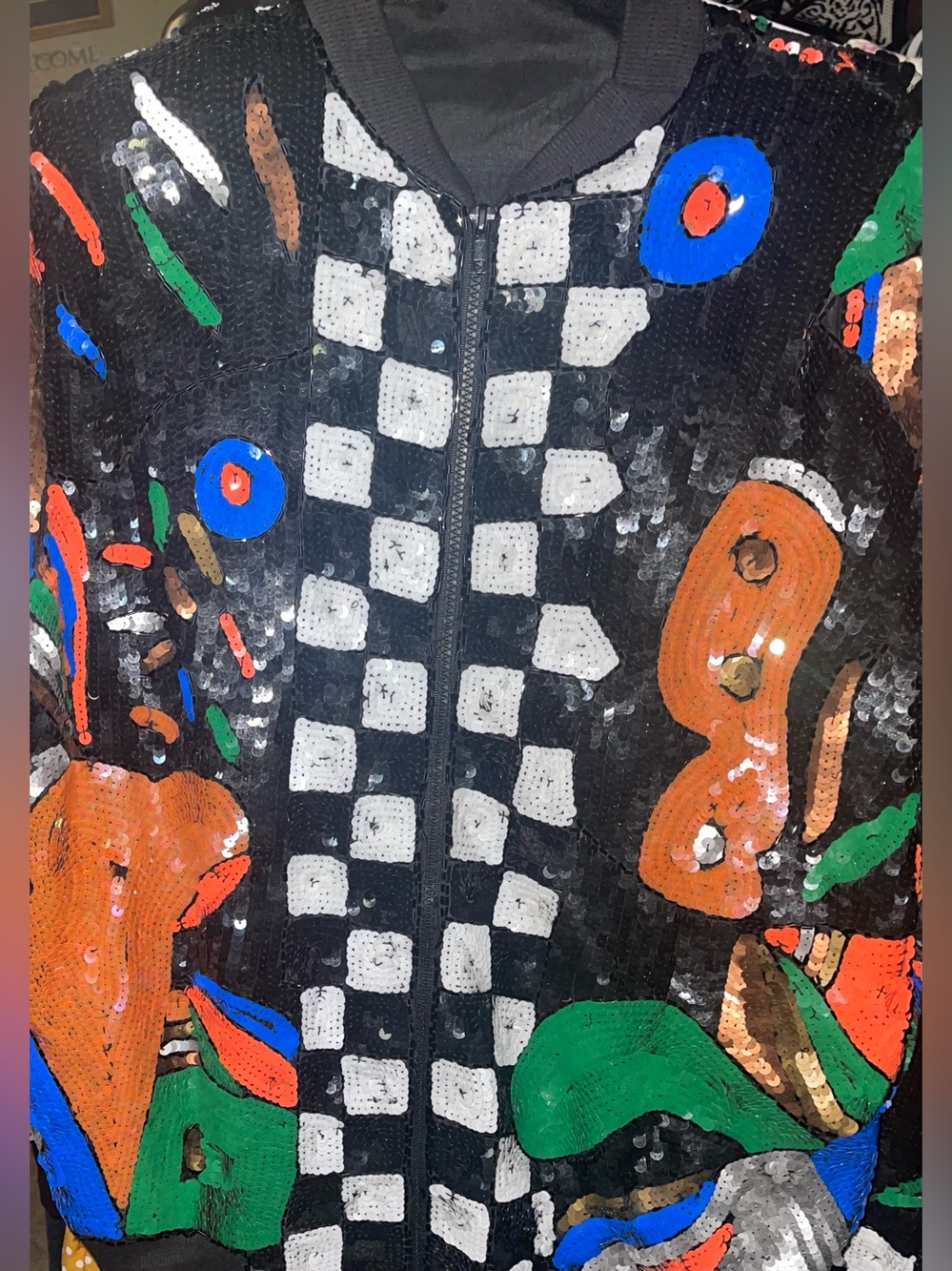Lawrence Kazar Bold Sequin Abstract Zip-Up Jacket - Black with Colorful Accents